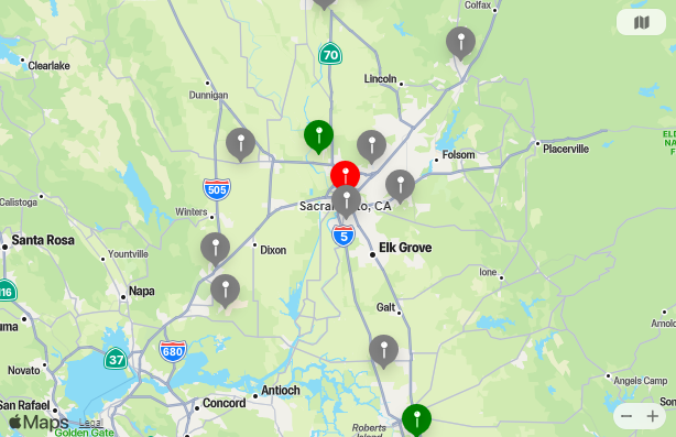 Map of Closest Airports Sacramento, California