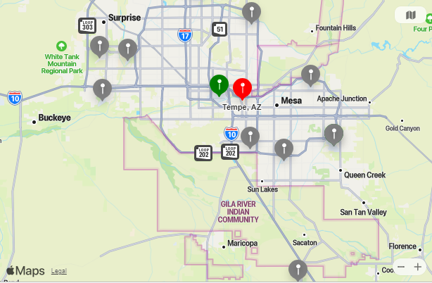 Map of Closest Airports Tempe, Arizona