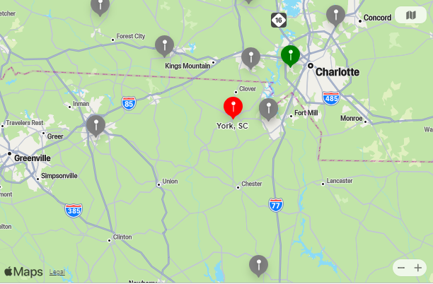 Map of Closest Airports York, South Carolina