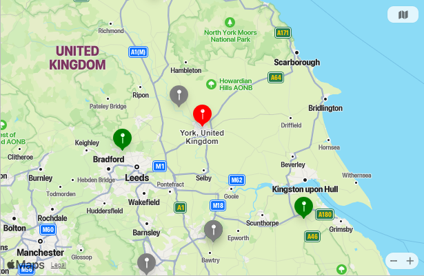 Map of Closest Airports York, England