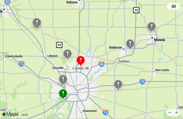 Map of Closest Airports Carmel, Indiana