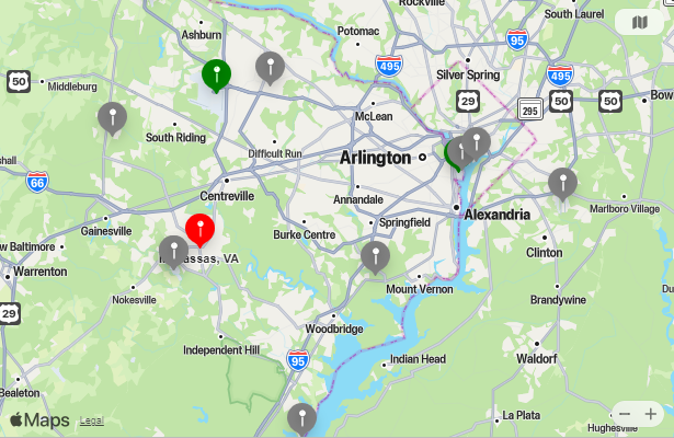 Map of Closest Airports Manassas, Virginia