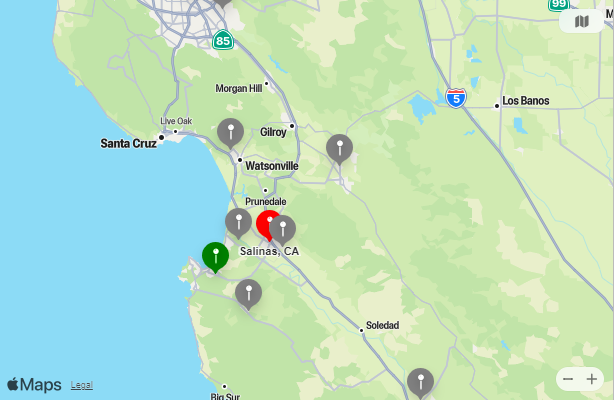 Map of Closest Airports Salinas, California