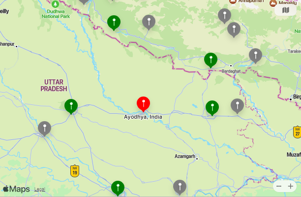 Map of Nearest Airports Ayodhya, Uttar Pradesh
