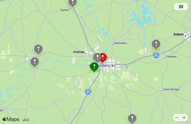 Map of Closest Airports Montgomery, Alabama