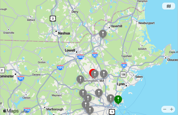 Map of Closest Airports Burlington, Massachusetts