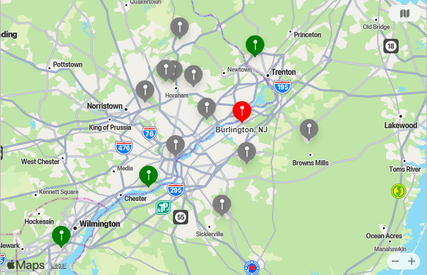 Map of Closest Airports Burlington, New Jersey