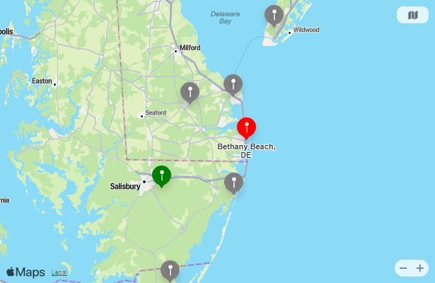 Map of Closest Airports Bethany Beach, Delaware