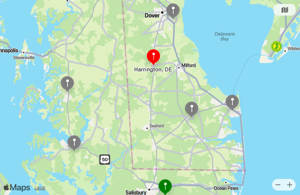 Map of Closest Airports Harrington, Delaware