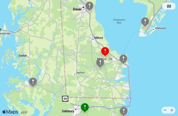 Map of Closest Airports Milton, Delaware