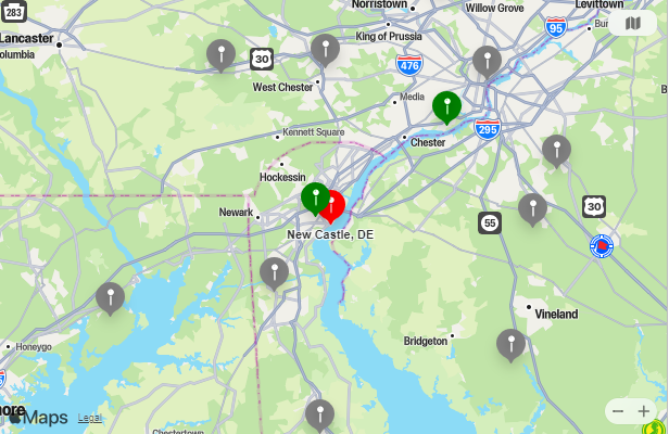 Map of Closest Airports New Castle, Delaware