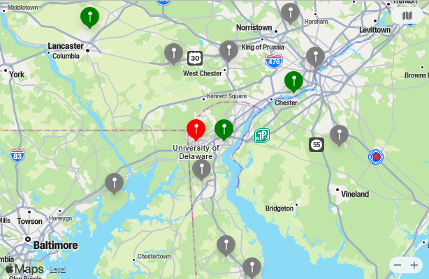 Map of Closest Airports University of Delaware