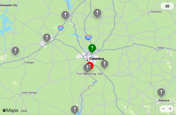 Map of Closest Airports Fort Benning, Georgia