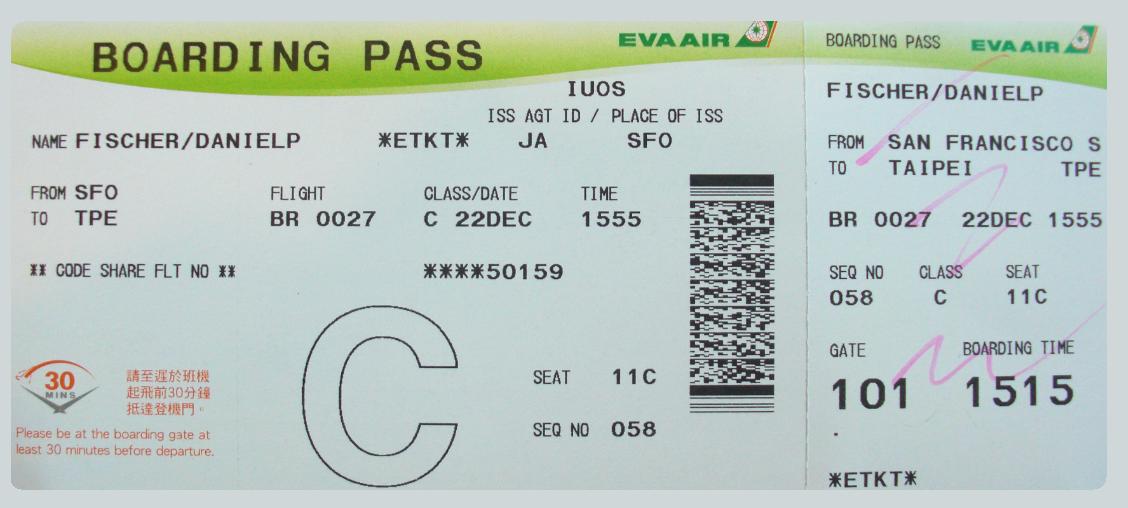 EVA Air Boarding Pass for Check in