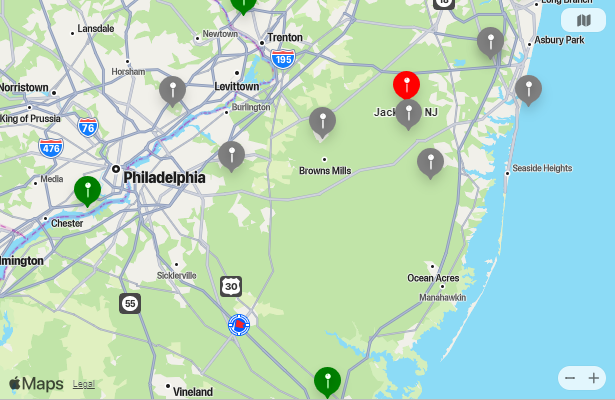 Map of Closest Airports Jackson, New Jersey