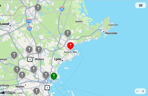 Map of Closest Airports Salem, Massachusetts