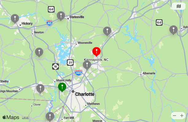 Map of Closest Airports Kannapolis, North Carolina