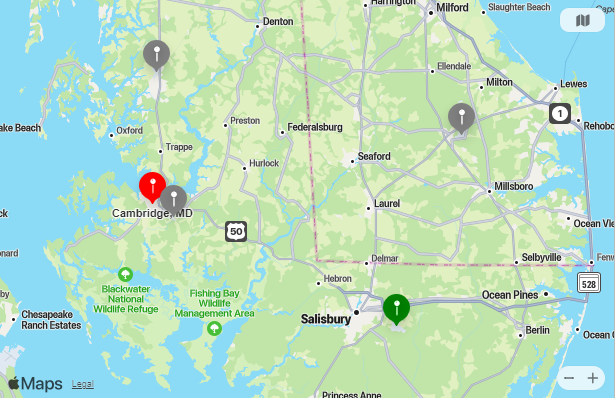 Map of Closest Airports Cambridge, Maryland