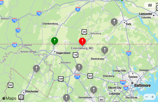 Map of Closest Airports Emmitsburg, Maryland