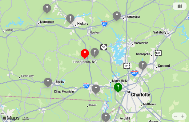 Map of Closest Airports Lincolnton, North Carolina