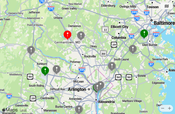 Map of Closest Airports Germantown, Maryland