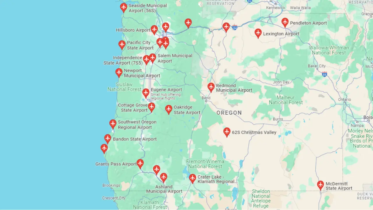 Map of airports in Oregon