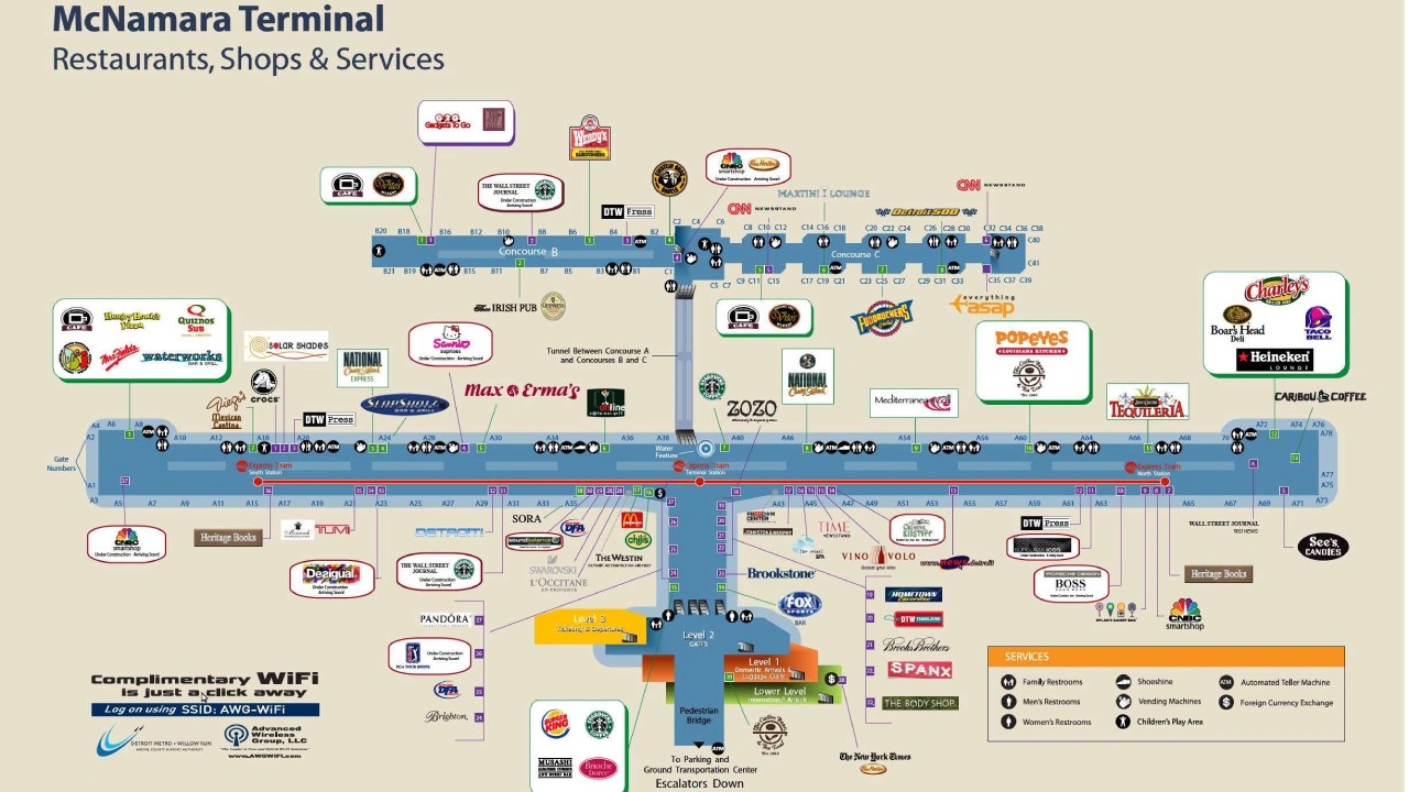 Detroit Airport (DTW) Map McNamara & North Terminal Map