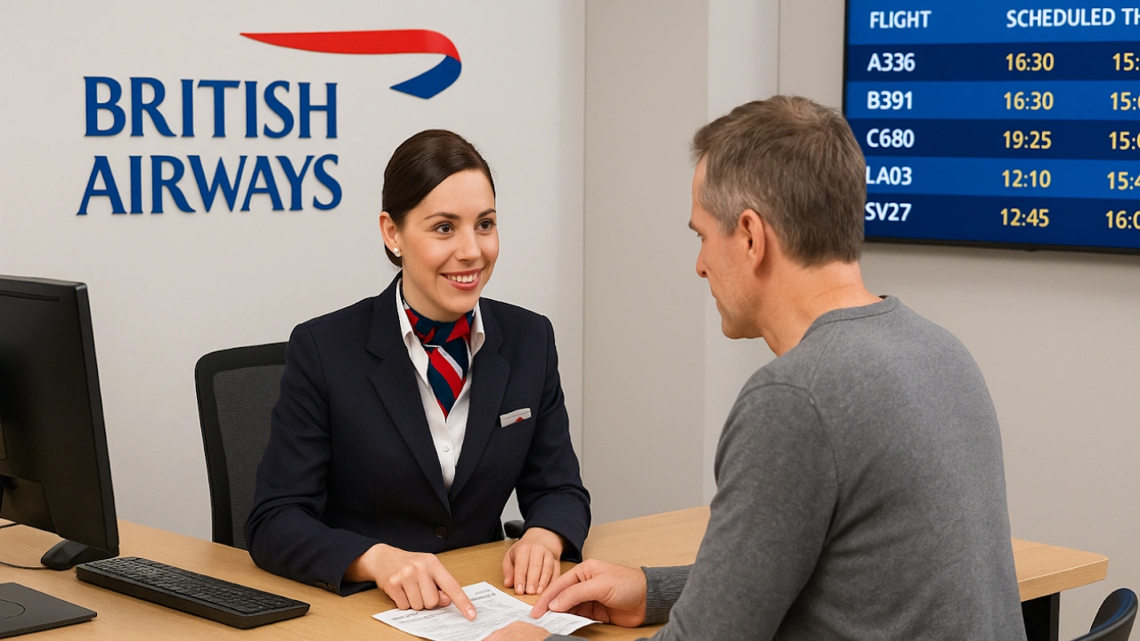 British Airways office Lady assists passenger with Same-Day Flight Change