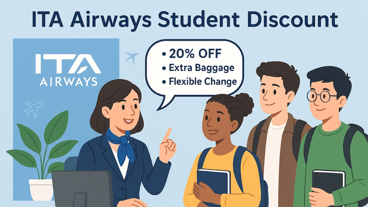 Employees sharing ITA Airways student discount benefits with interested students.
