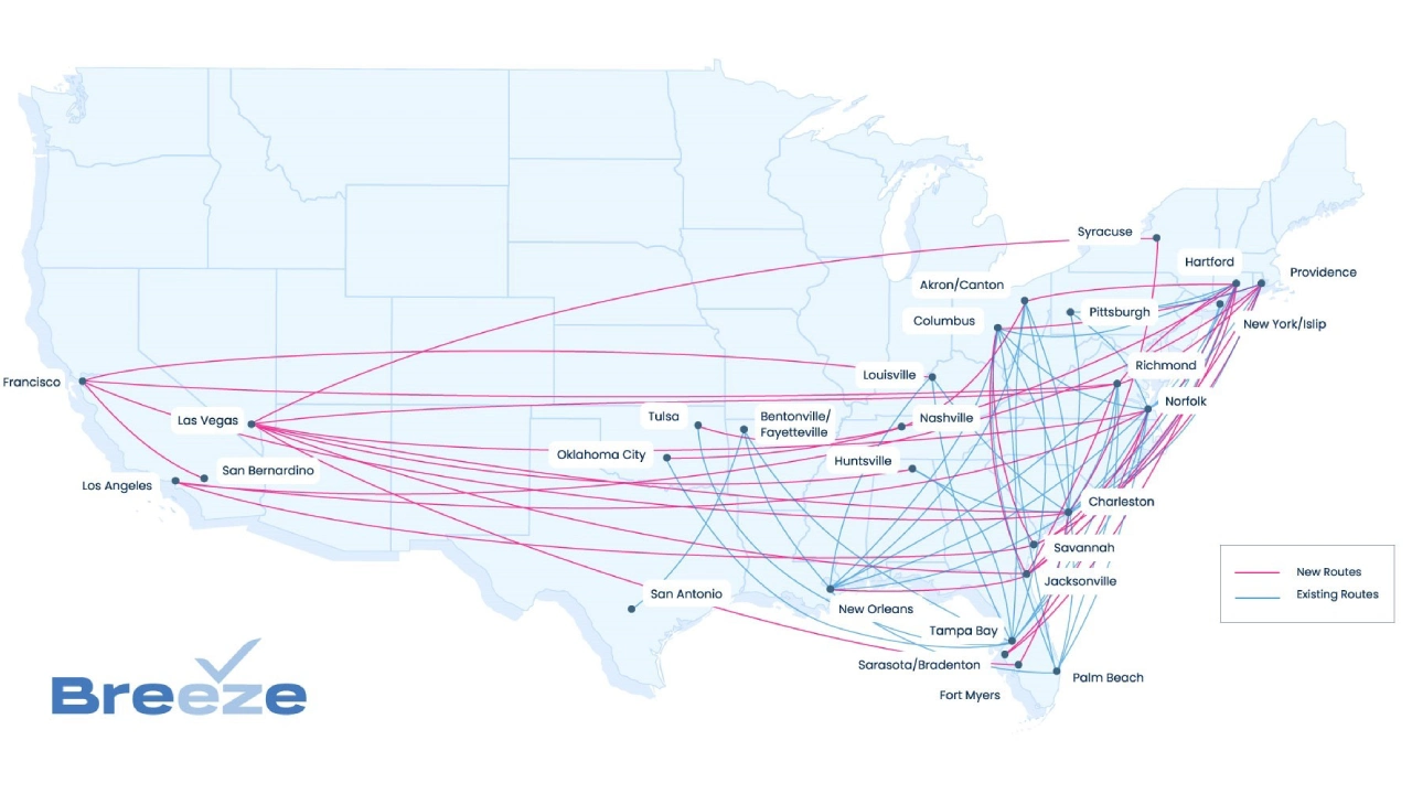 Map of Breeze Airways routes across the U.S., highlighting nonstop connections between underserved city pairs