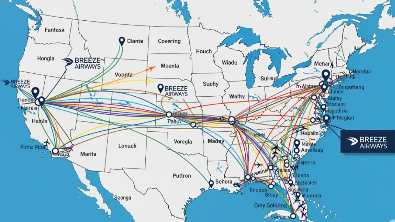 Breeze Airways U.S. route map featuring nonstop flight connections across major cities, highlighting hubs and destination reach for 2025