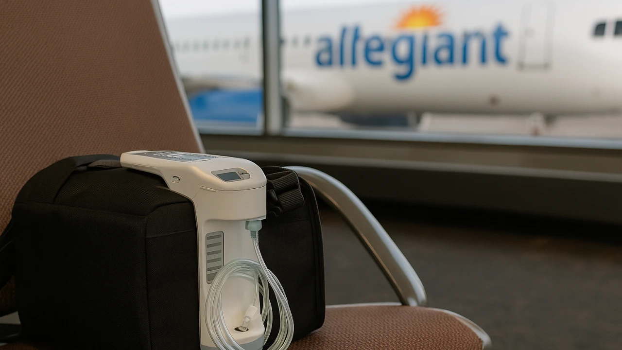 Approved respiratory device following Allegiant Air guidelines at airport gate