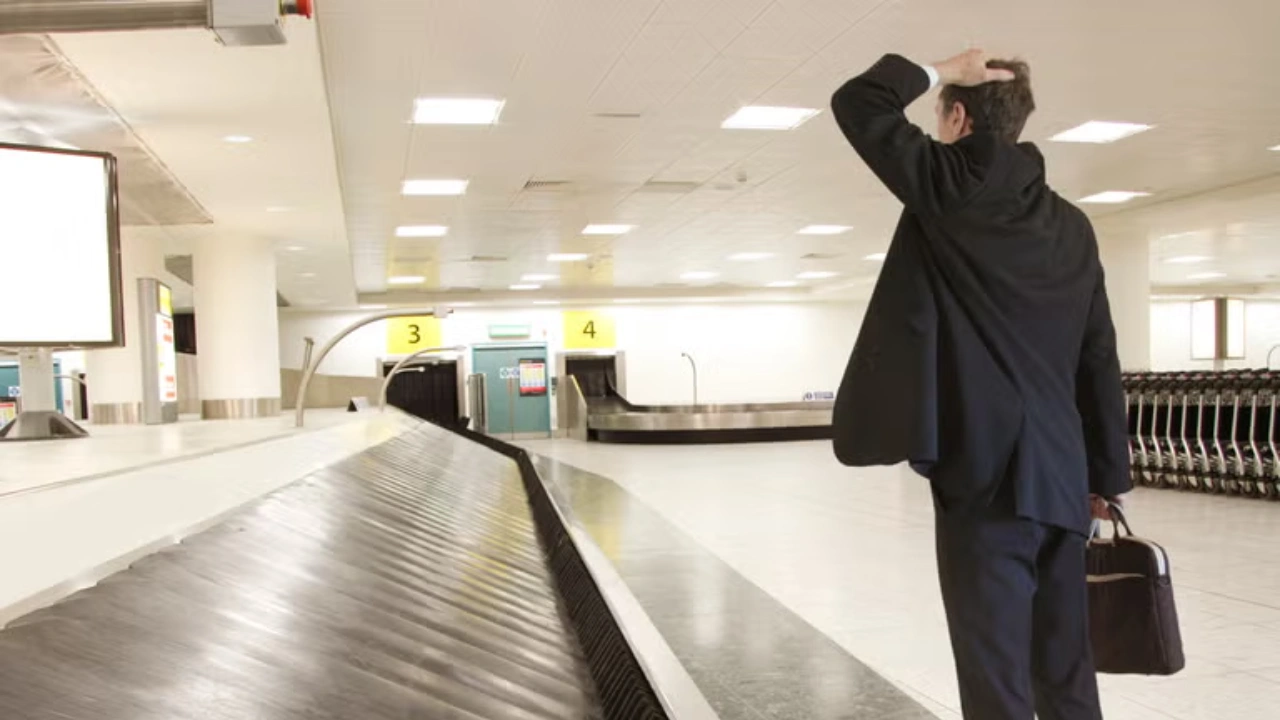 People standing at baggage claim near a 'Last Bag' sign