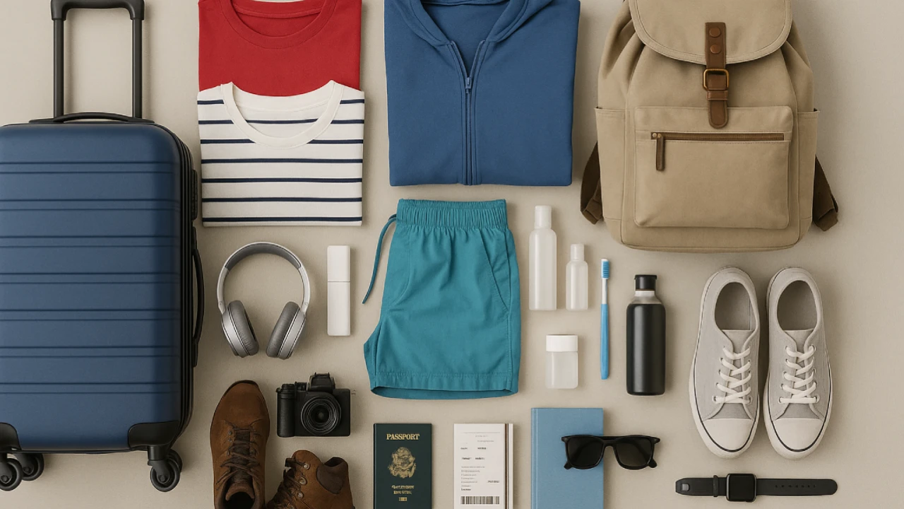 Flat lay of essentials packed for a two-week trip