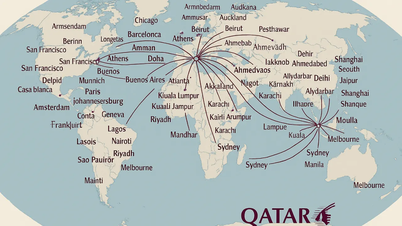 Global Qatar Airways route map showing international flight destinations clearly.