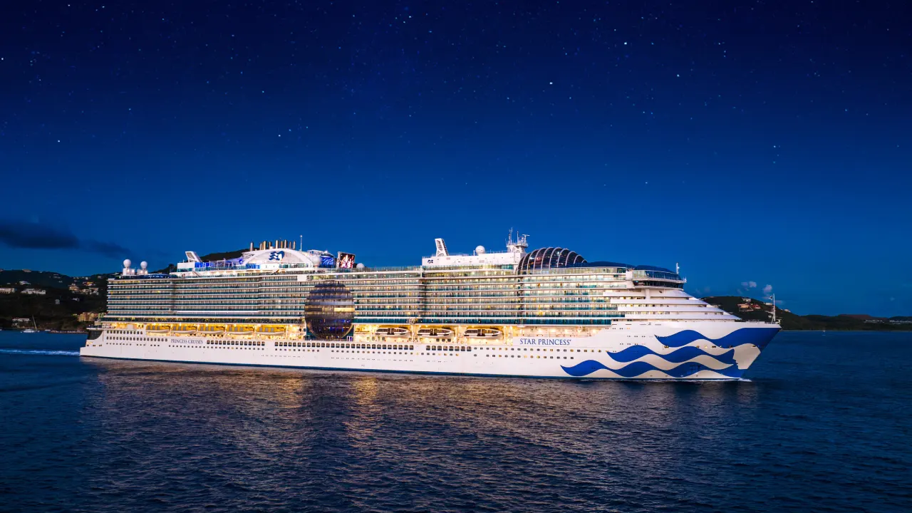 Cruise ship sailing at night showing typical speed