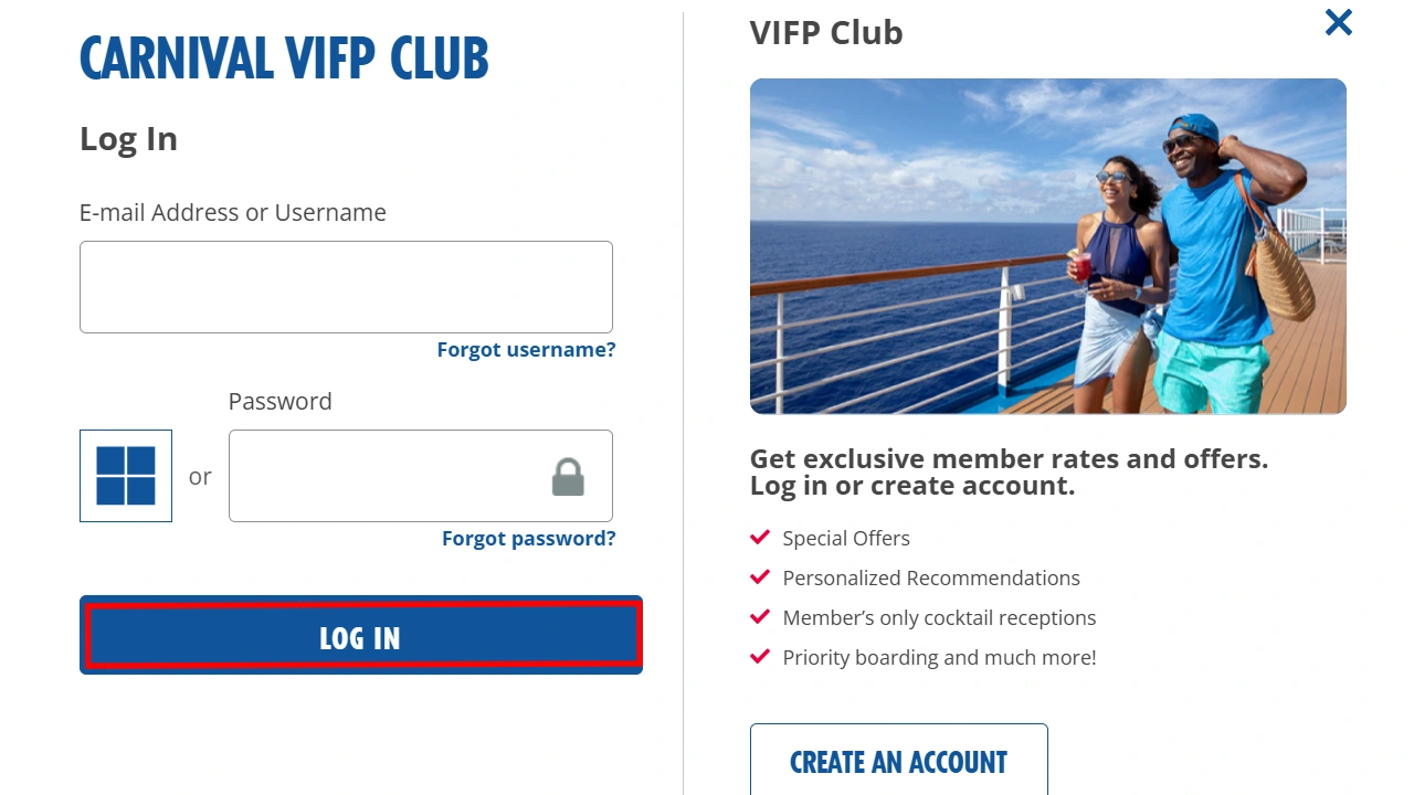 Login screen for existing user account to find vifp number