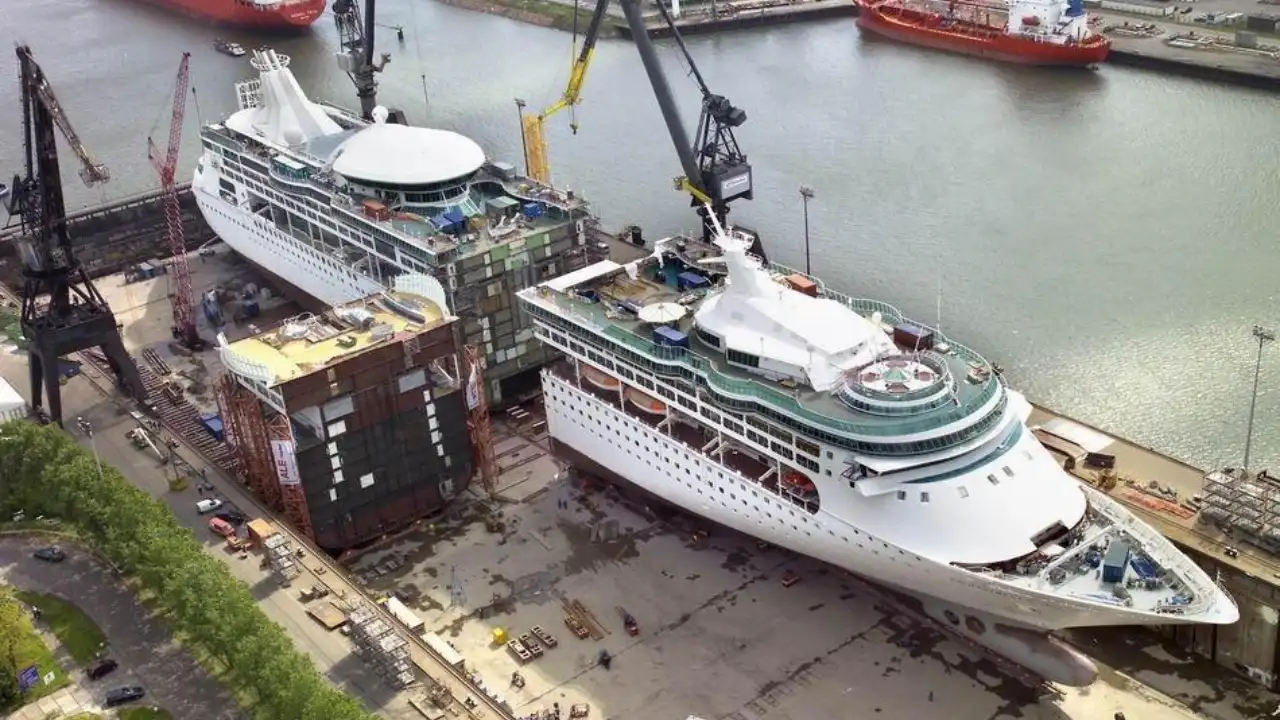 Carnival cruise ship in dry dock undergoing renovation work