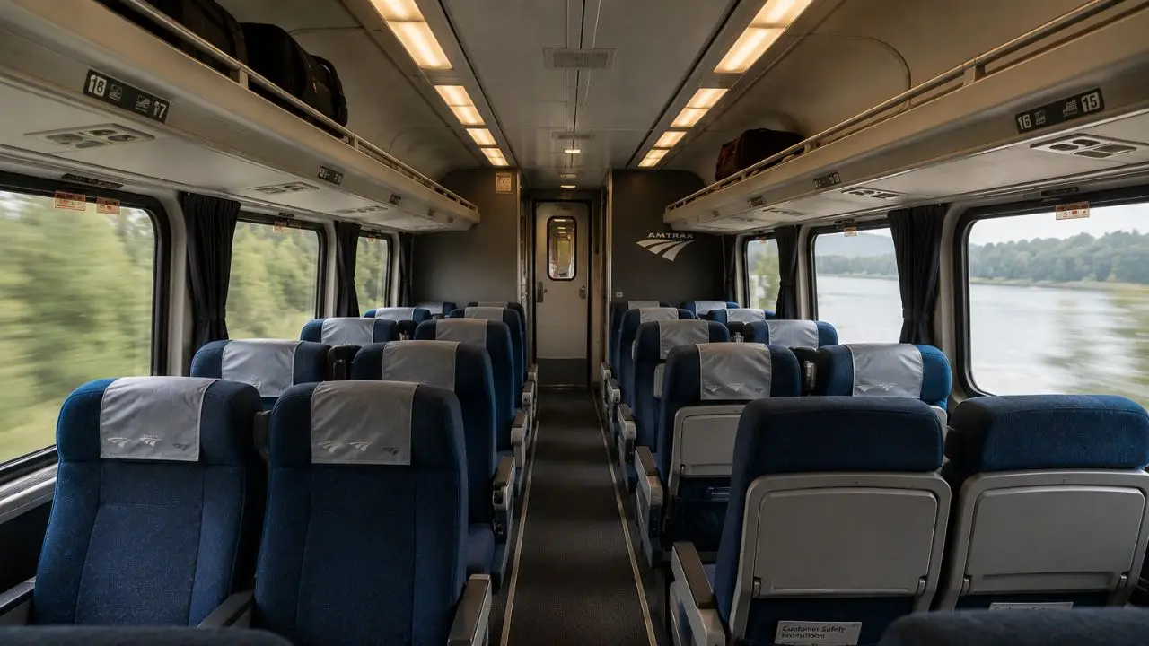 Train seating power restrooms storage