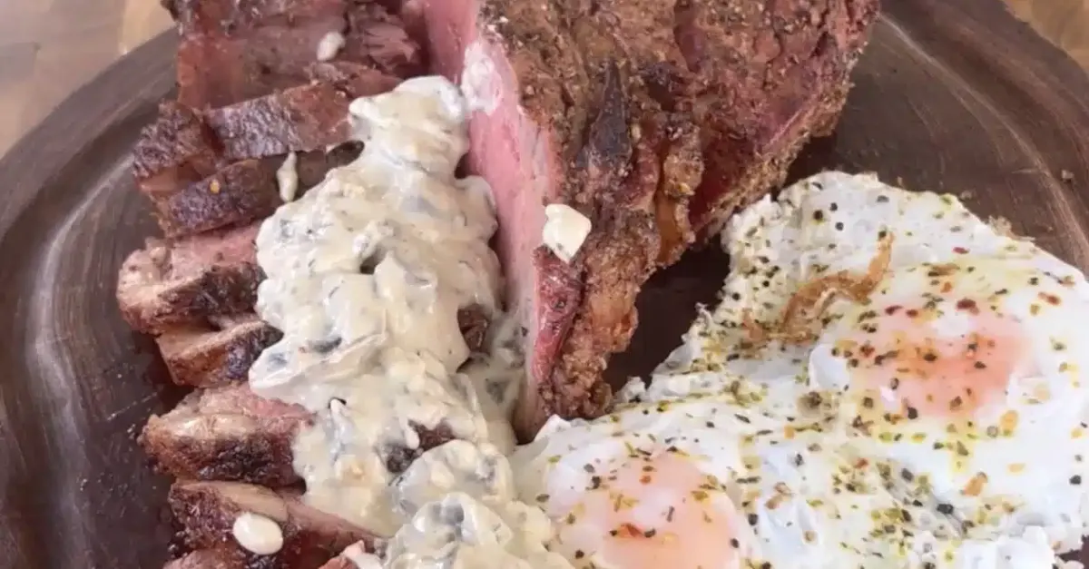Smoked Porterhouse Steak and Eggs with Creamy Mushroom Sauce by