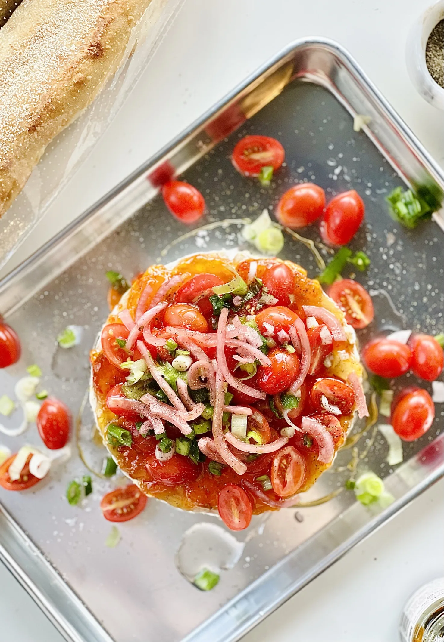 baked-brie-w-tomatoes-pepper-jelly-and-pickled-pink-onions