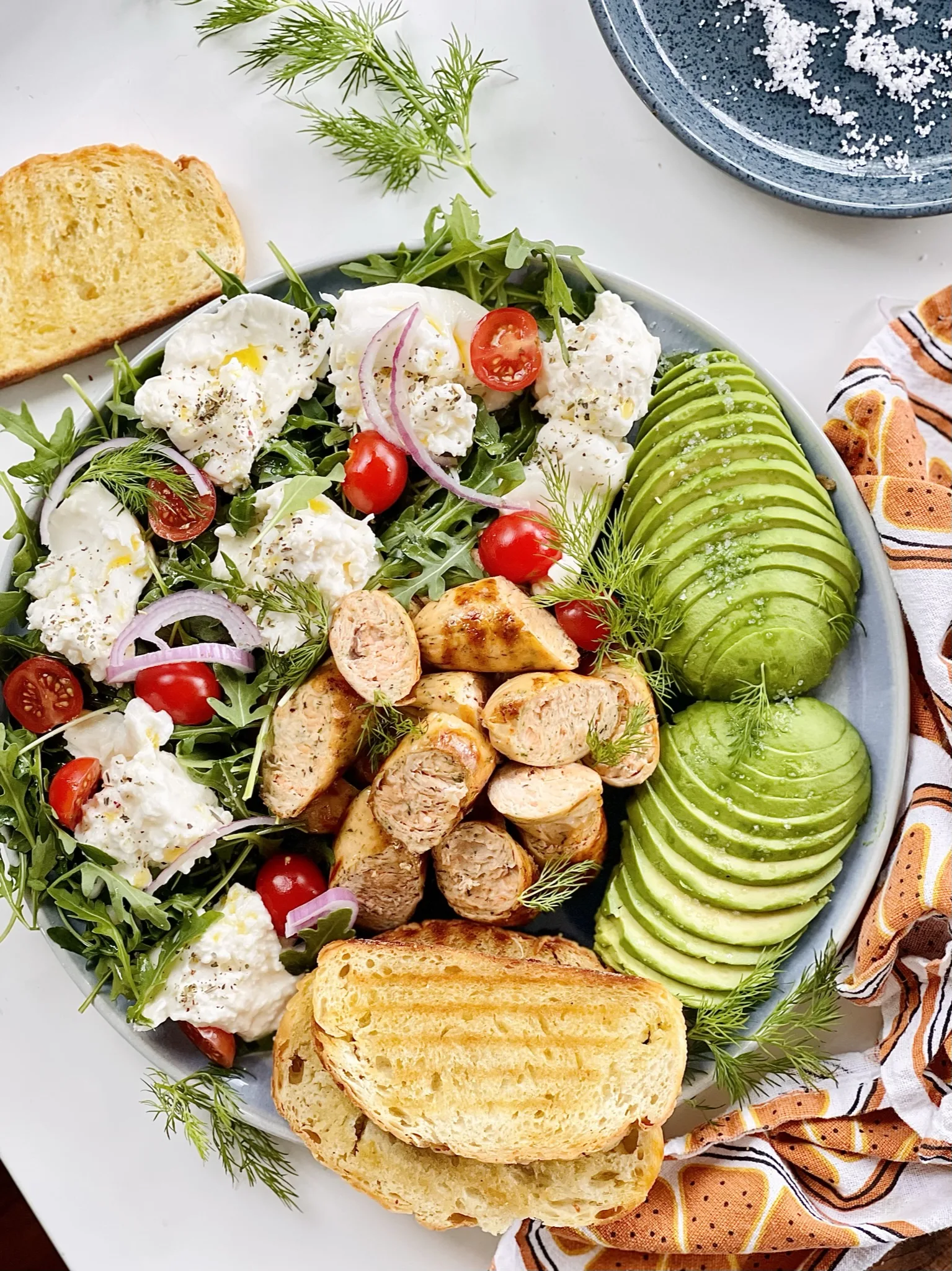 arugula-avocado-lemon-dill-salmon-sausage-salad-toasts