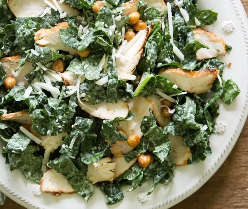 kale-and-spinach-caesar-salad-with-roasted-chicken