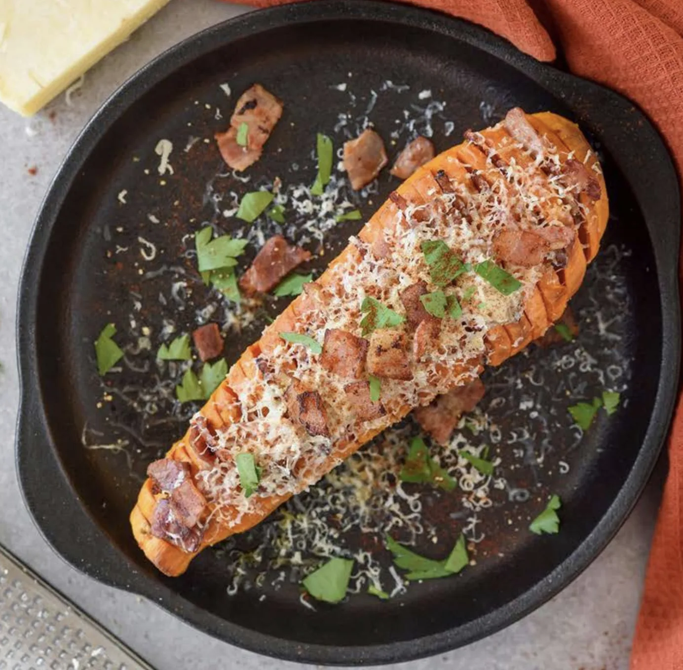 hasselback-sweet-potatoes-with-bacon-and-cheddar