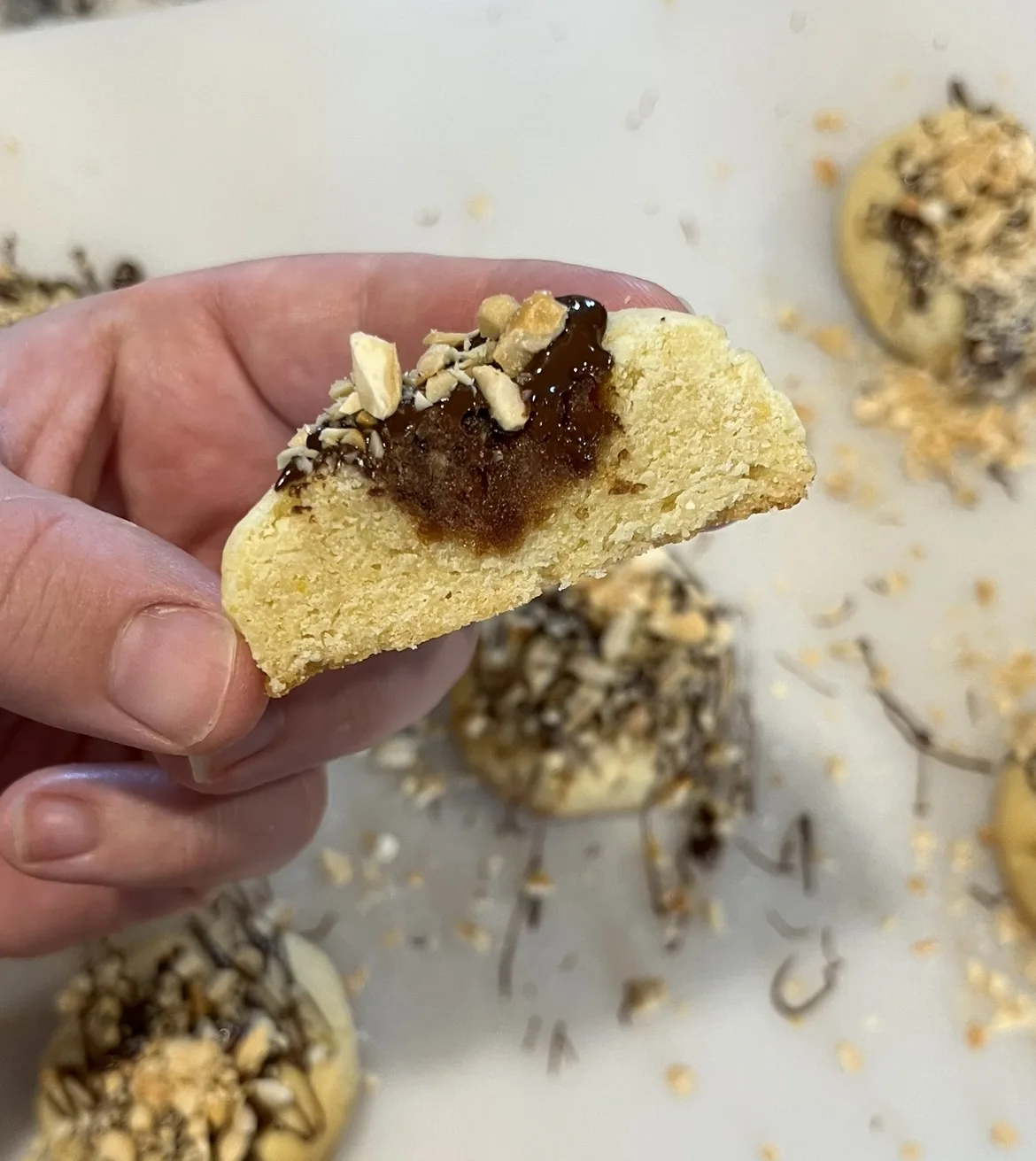date-thumbprint-cookies-with-chocolate-drizzle-and-chopped-cashews