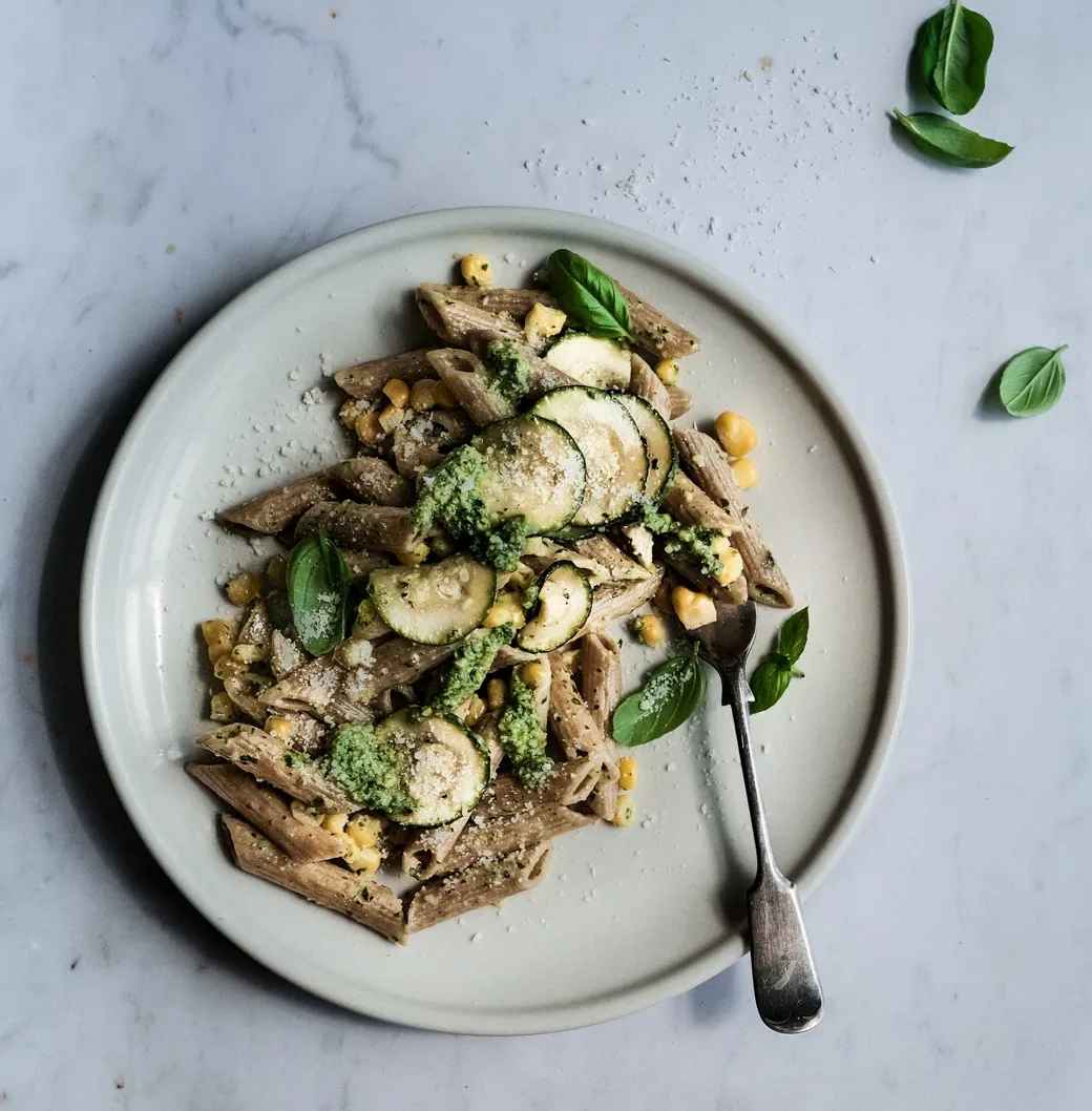 penne-with-feta-pesto-zucchini-and-corn.
