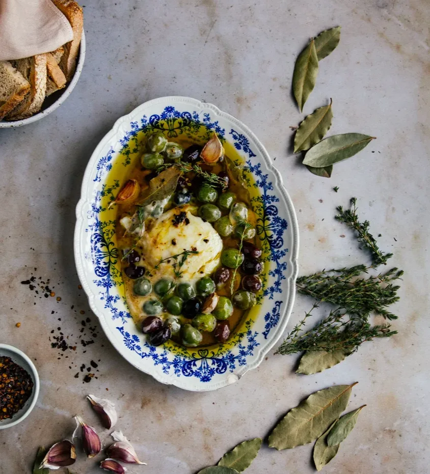 vegan-baked-feta-with-olives-and-thyme