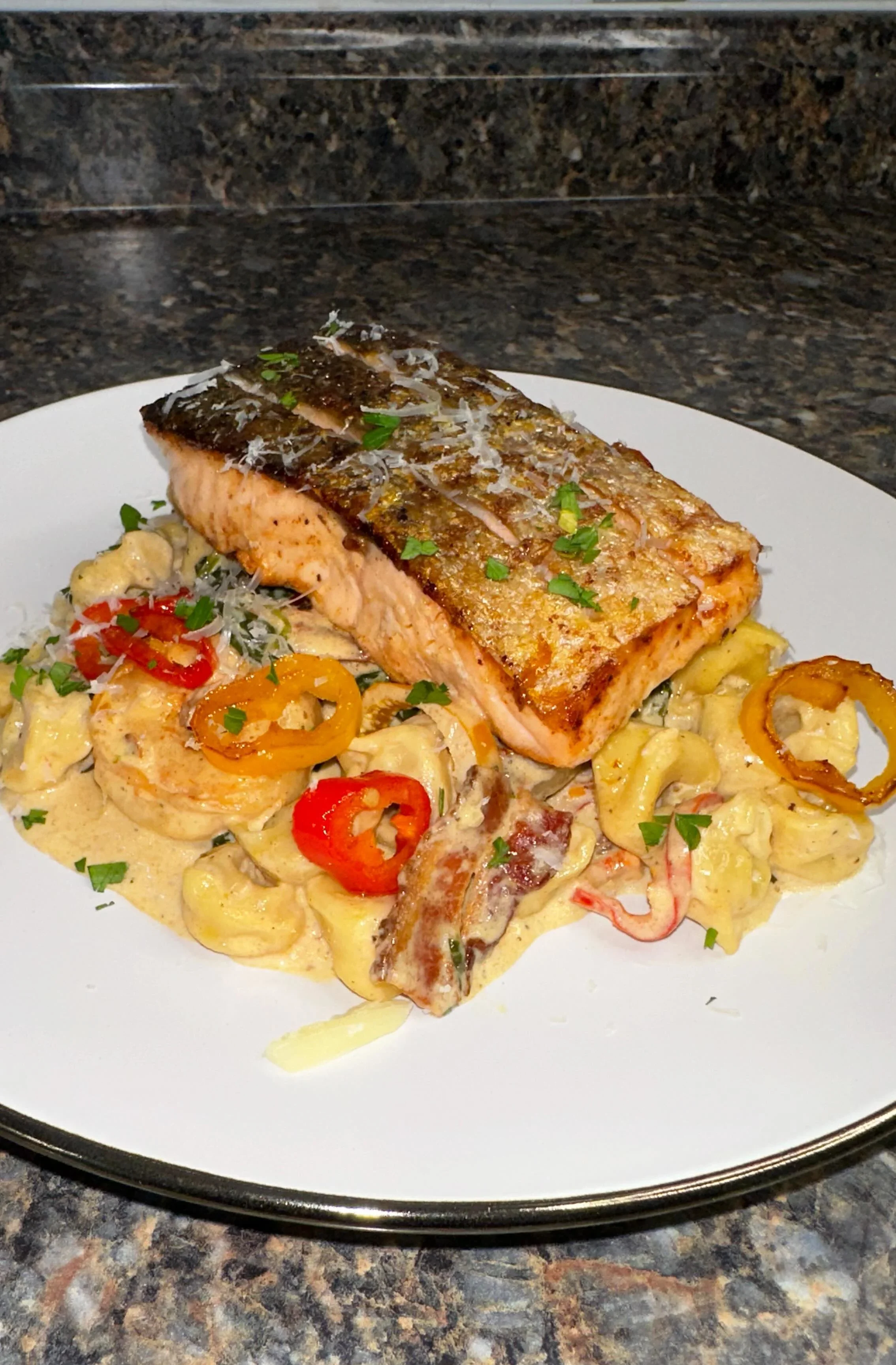 crispy-skin-salmon-over-shrimp-tortellini-alfredo