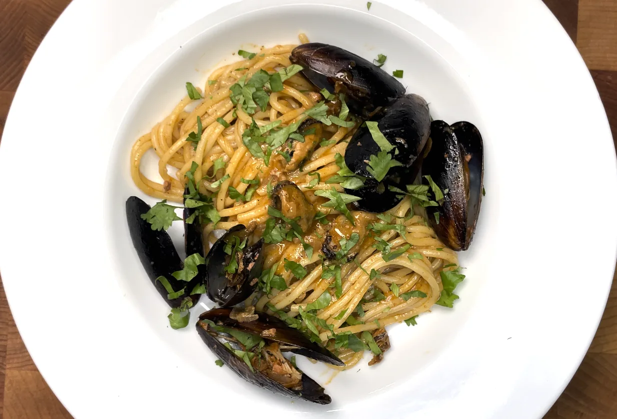 mezcal-and-chorizo-pasta-with-mussels