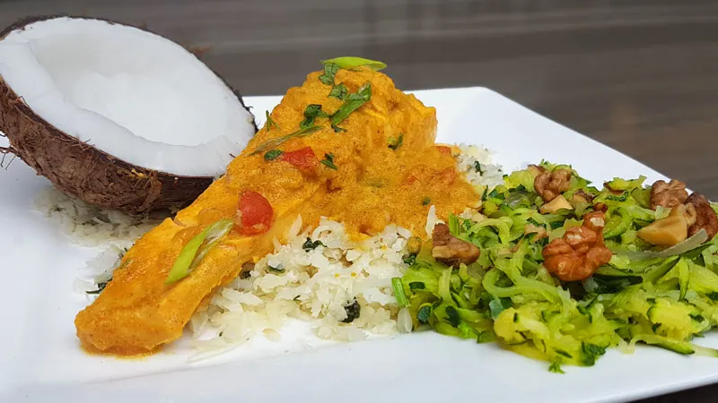 coconut-fish-curry-with-cauliflower-rice-and-walnut-salad
